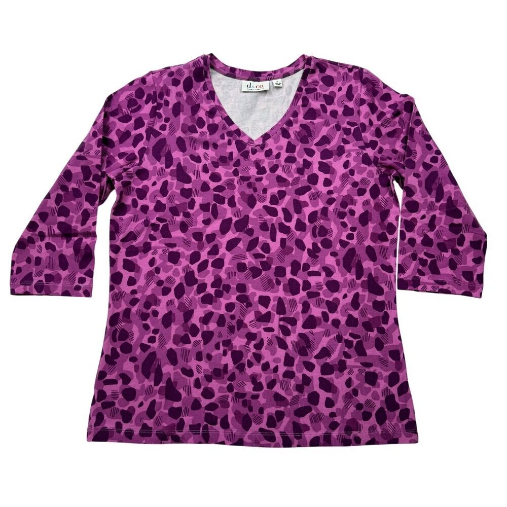 D & Co Abstract Animal Camo Print Stretch V-Neck Top 3/4 Sleeve Purple Pink‎ NEW
